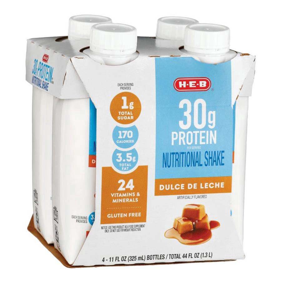 slide 1 of 1, H-E-B 30g Protein Nutritional Shakes 4 pk Bottles - Dulce de Leche, 11 oz
