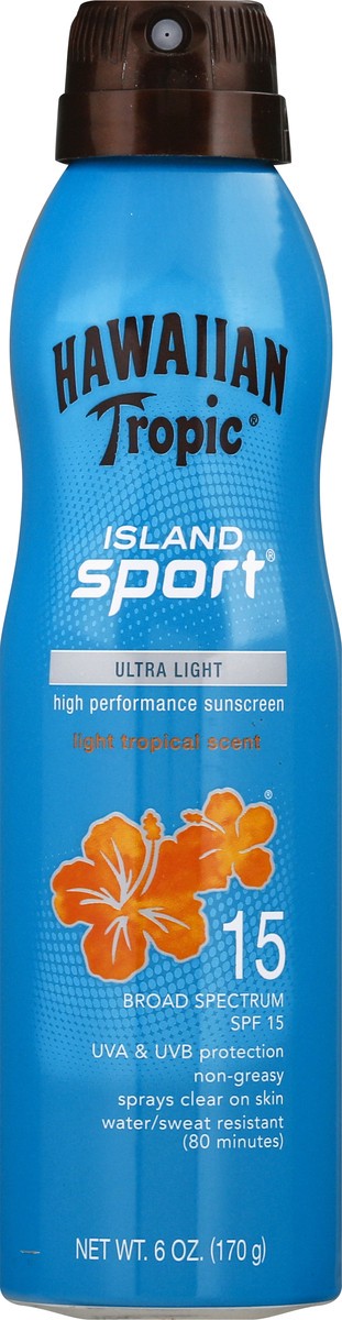 slide 7 of 9, Hawaiian Tropic Island Sport Broad Spectrum SPF 15 Ultra Light Light Tropical Scent High Performance Sunscreen 6 oz, 6 oz