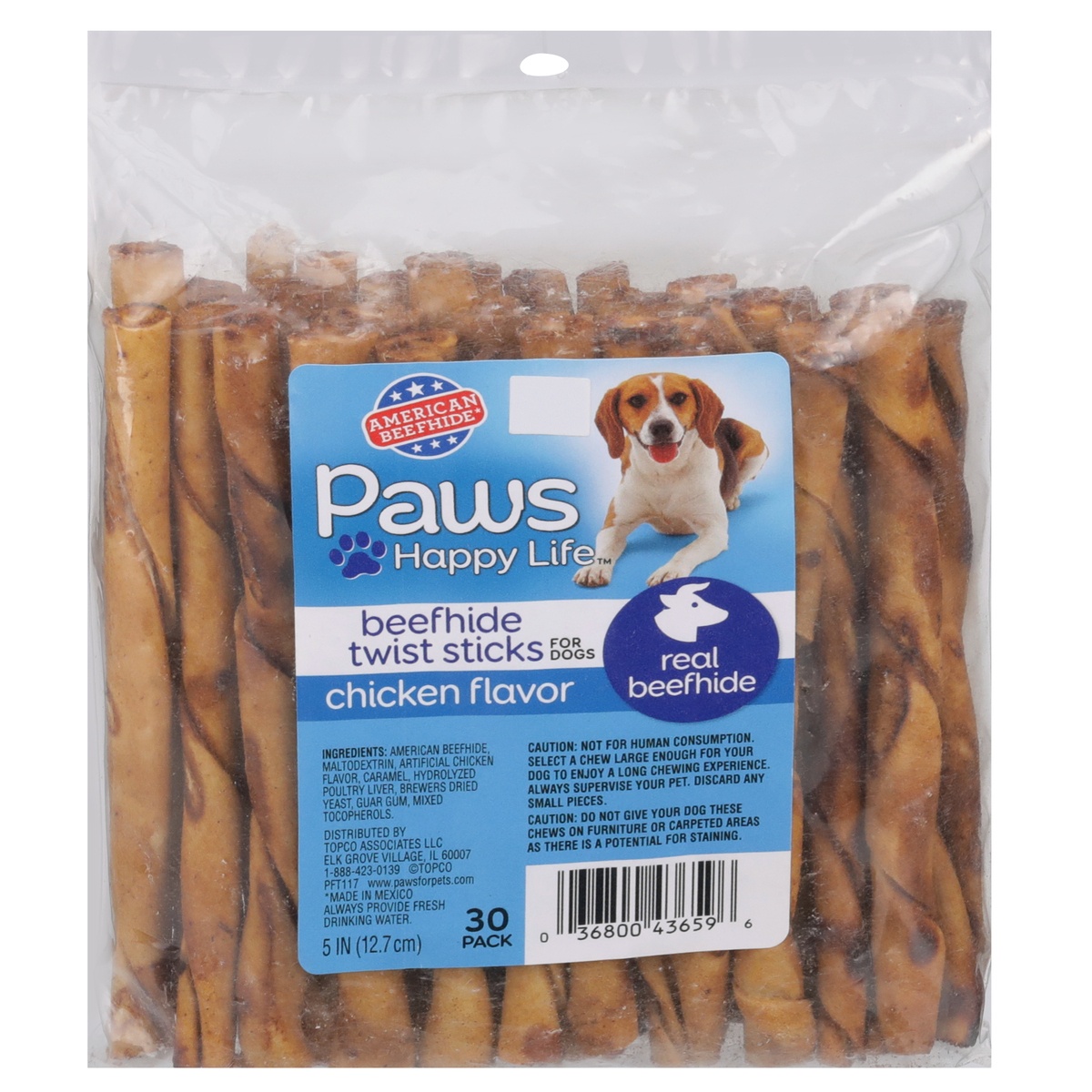 slide 1 of 1, Paws Happy Life Chicken Flavor Beefhide Twist Sticks For Dogs, 30 ct