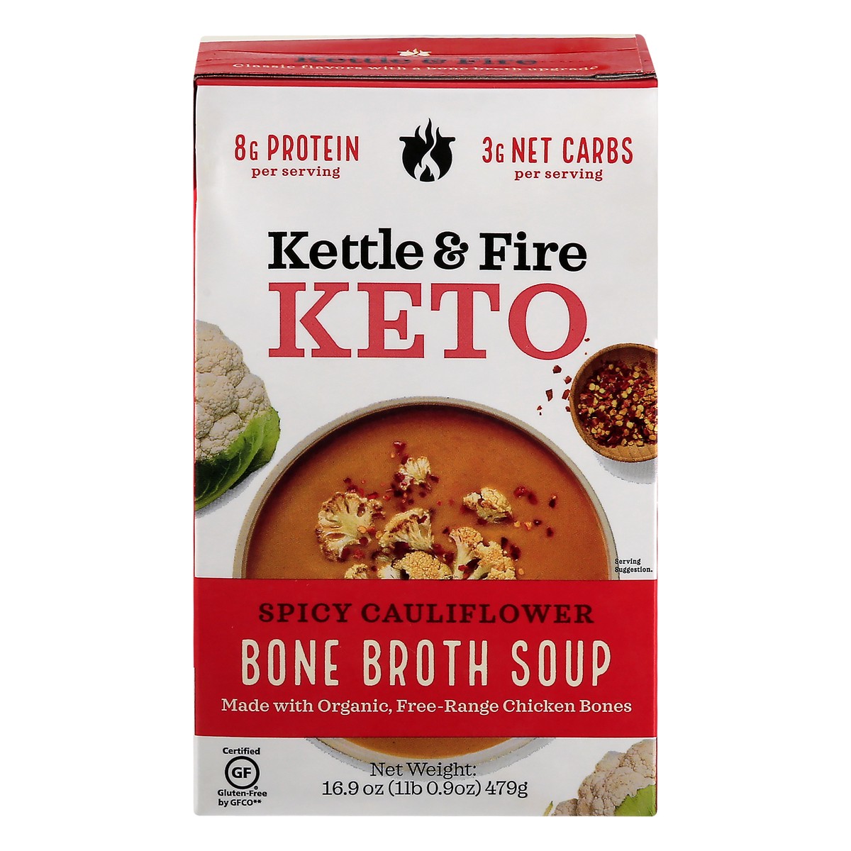 slide 1 of 9, Kettle & Fire Spicy Cauliflower Keto Bone Broth Soup, 16.9 oz