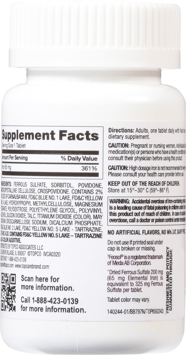 slide 3 of 9, TopCare Supplement Iron Ferrous Sulfat, 125 ct