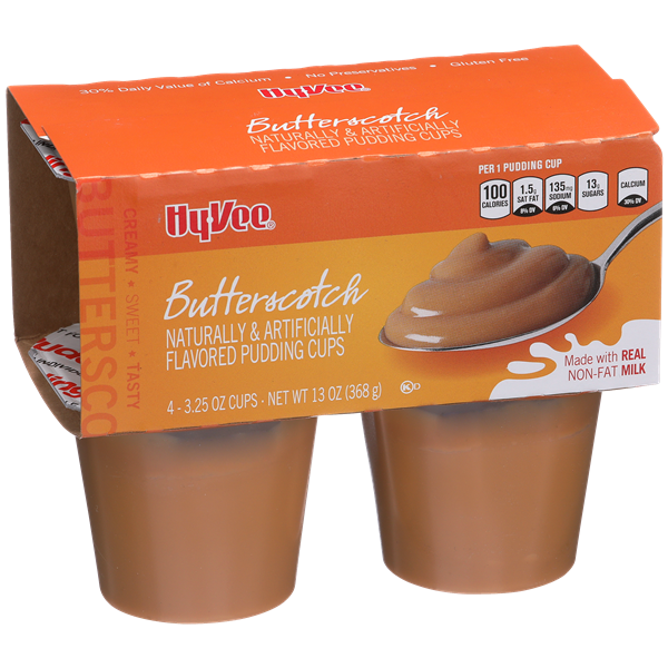 slide 1 of 1, Hy-vee Butterscotch Pudding Cups, 4 ct; 3.25 oz