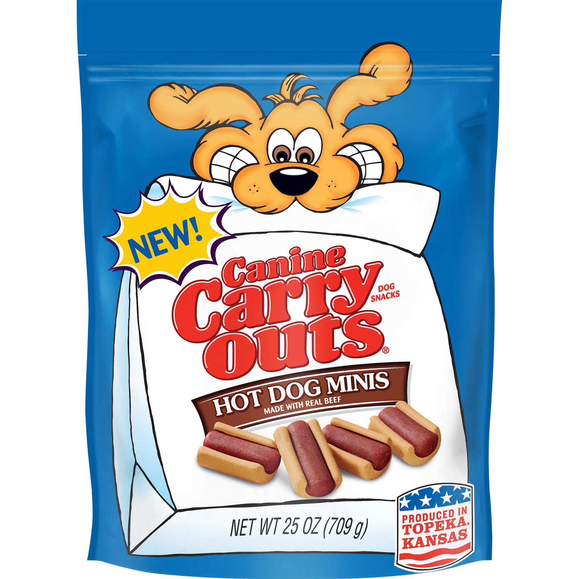 slide 1 of 1, Canine Carry Outss hot dog minis beef flavor dog treats, 25 oz