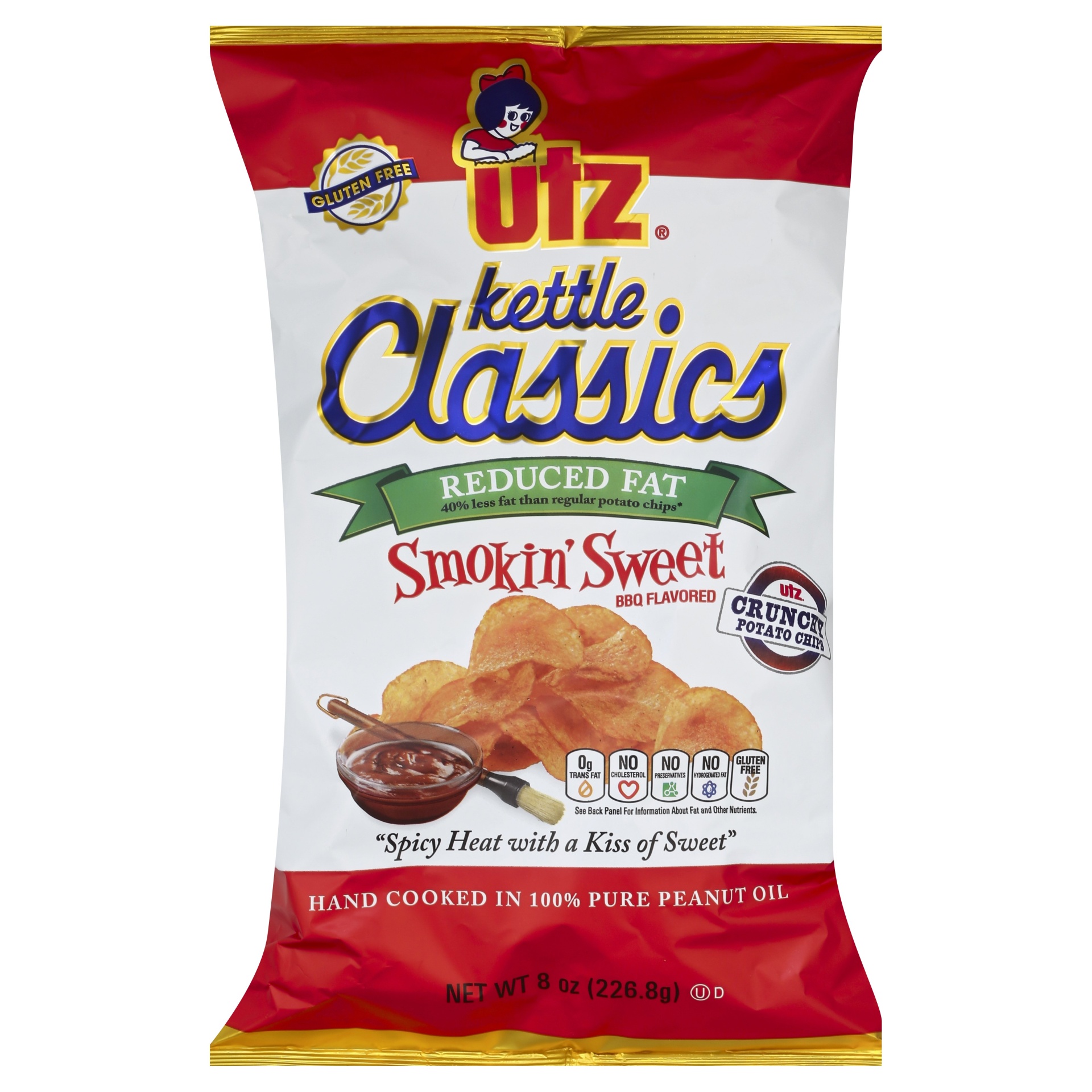 slide 1 of 1, Utz Reduced Fat Smokin Sweet Barbeque Kettle Chips, 8 oz