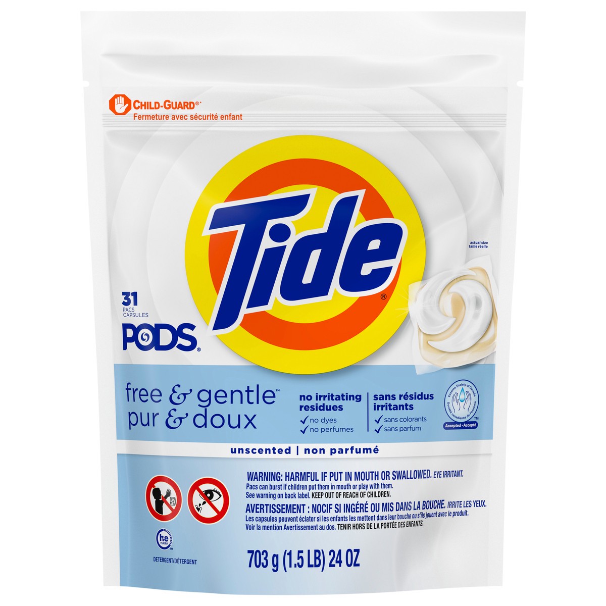 slide 1 of 3, Tide PODS Free & Gentle Laundry Detergent Soap Pacs, 31 Count, Tide PODS Laundry Detergent, Laundry Detergent Pacs, Laundry PODS Detergent, 31 ct
