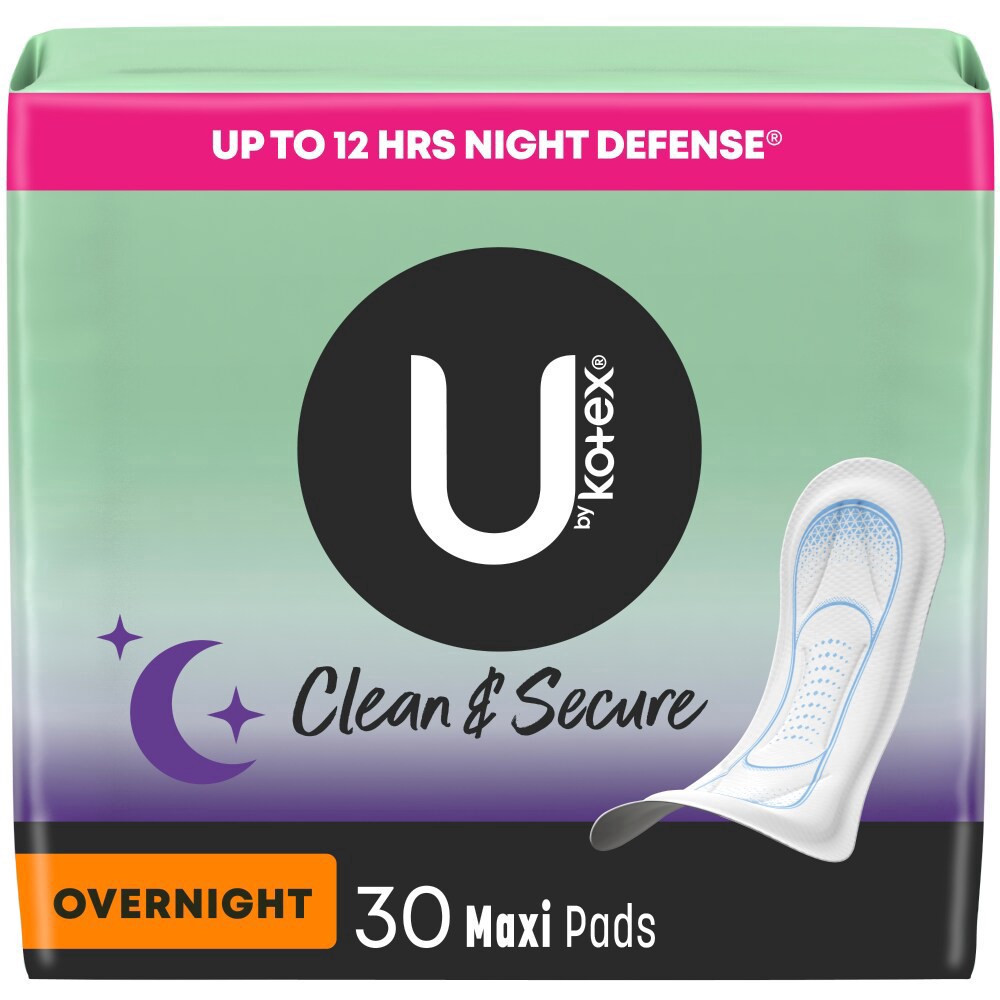 slide 1 of 6, U by Kotex Clean & Secure Overnight Maxi Pads, 30 Count, 30 ct