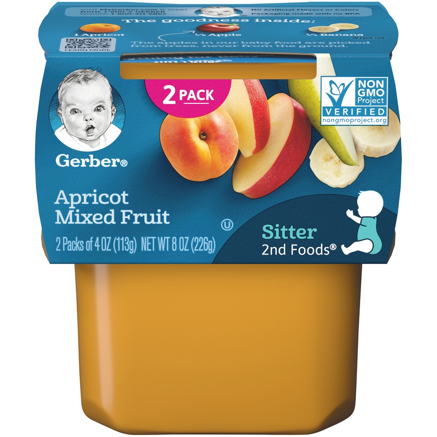 slide 1 of 9, Gerber 2nd Foods Apricot Mixed Fruit Baby Food, 2 ct; 4 oz