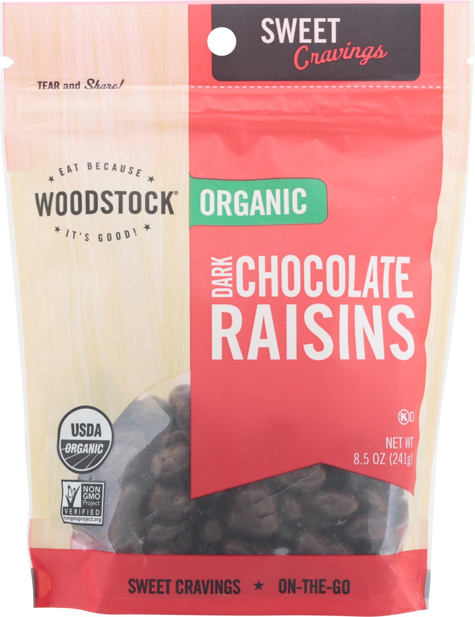 slide 7 of 14, Woodstock Snacks, Organic, Dark Chocolate Raisins, 9 oz