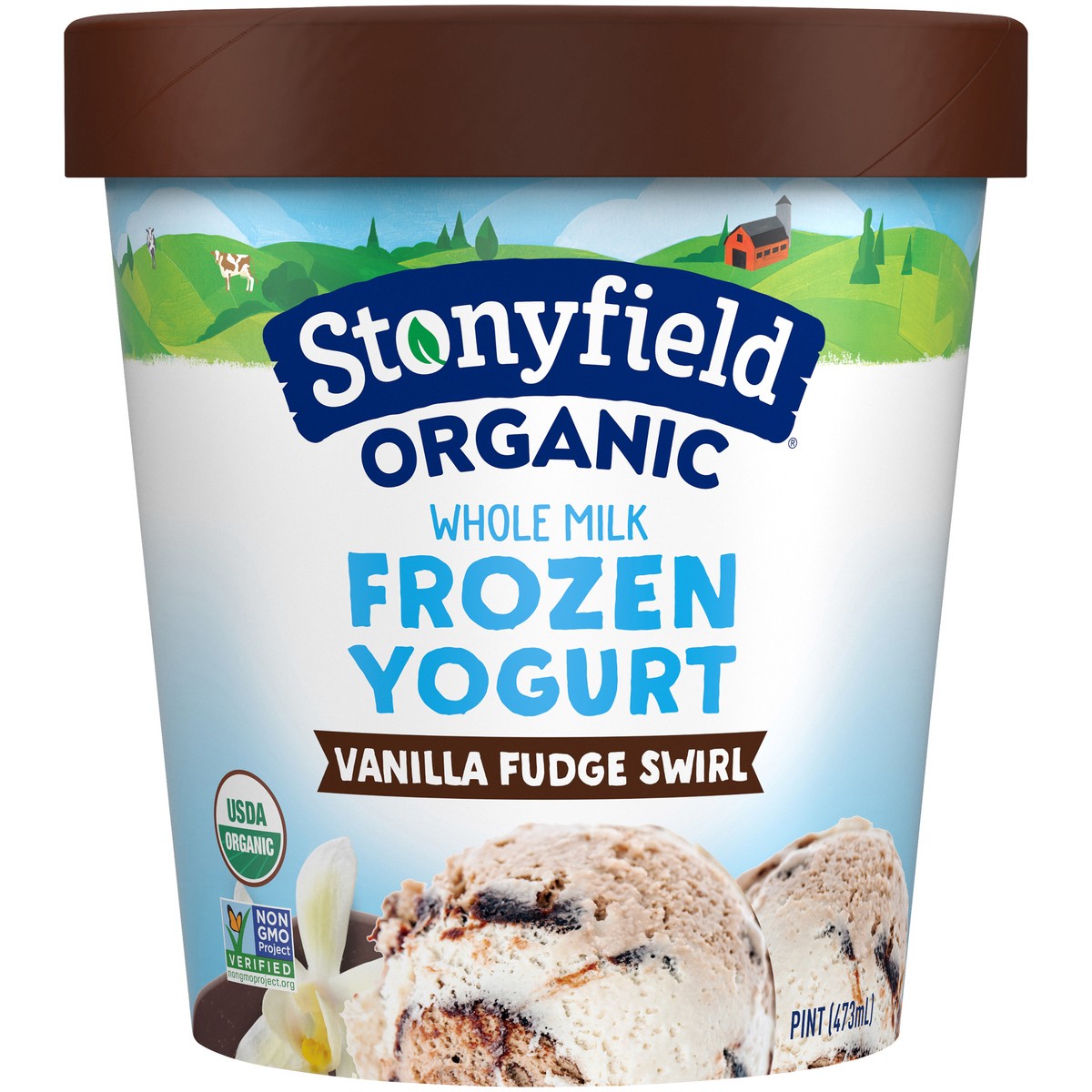 slide 1 of 8, Stonyfield Organic Whole Milk Vanilla Fudge Swirl Frozen Yogurt 1 pt., 473 ml