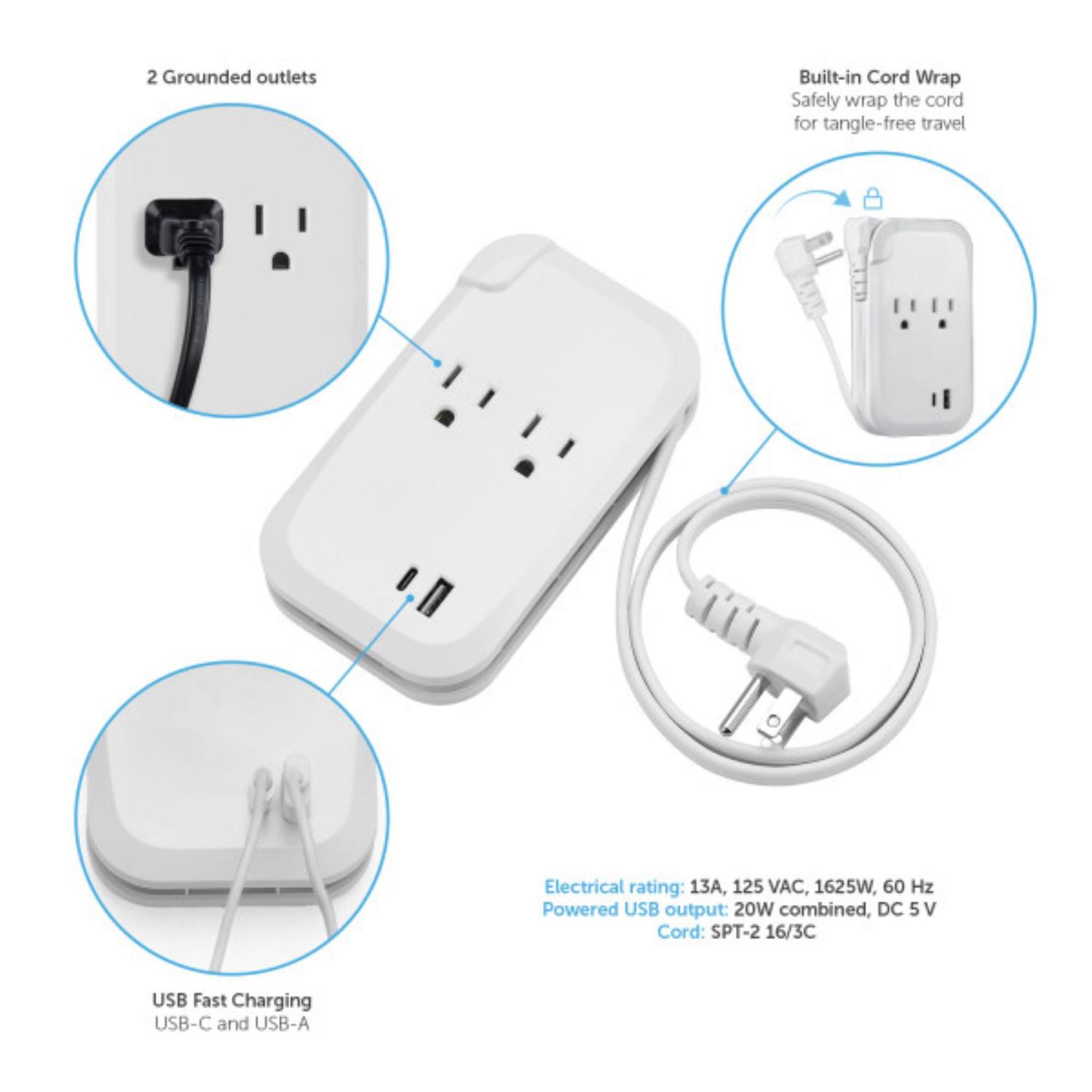 slide 1 of 2, Globe Travel Ps 2 Outlet 2 Usb 2.3ft White, 2.3 ft