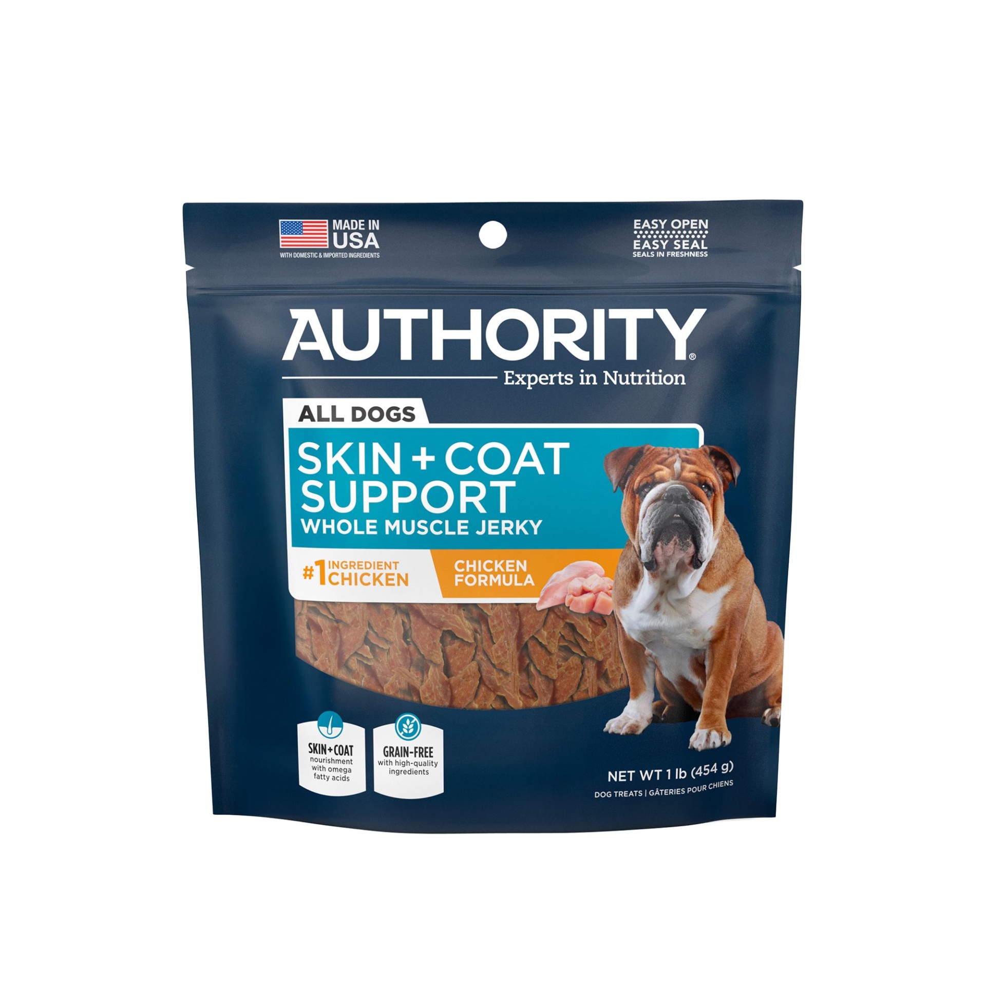 slide 1 of 1, Authority Skin & Coat Dog Jerky Treat - Chicken, 1 lb