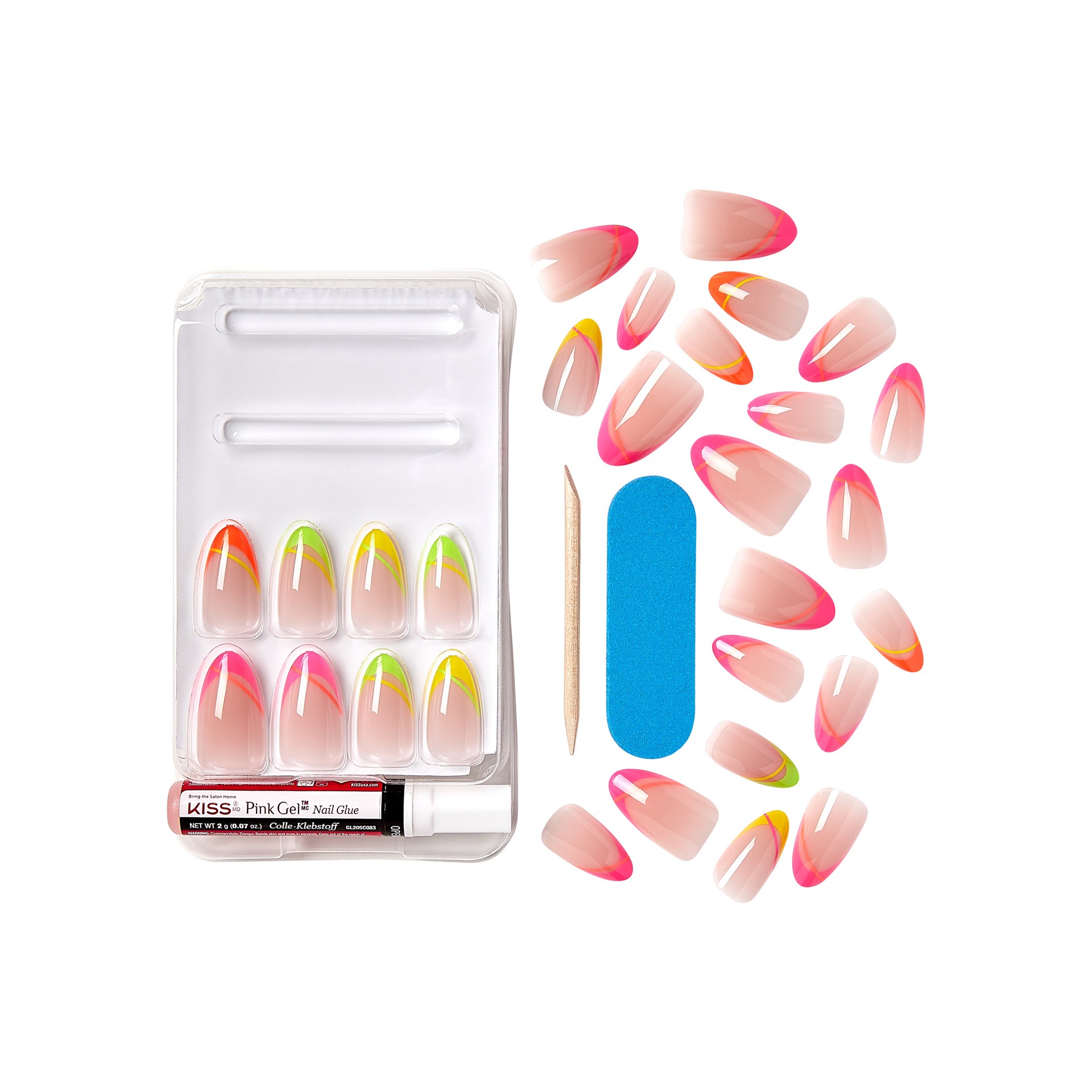 slide 2 of 5, KISS Voguish Fantasy Medium Almond Press-On Nails, Summertime, Multicolored Neon,31 Ct., 1 ct