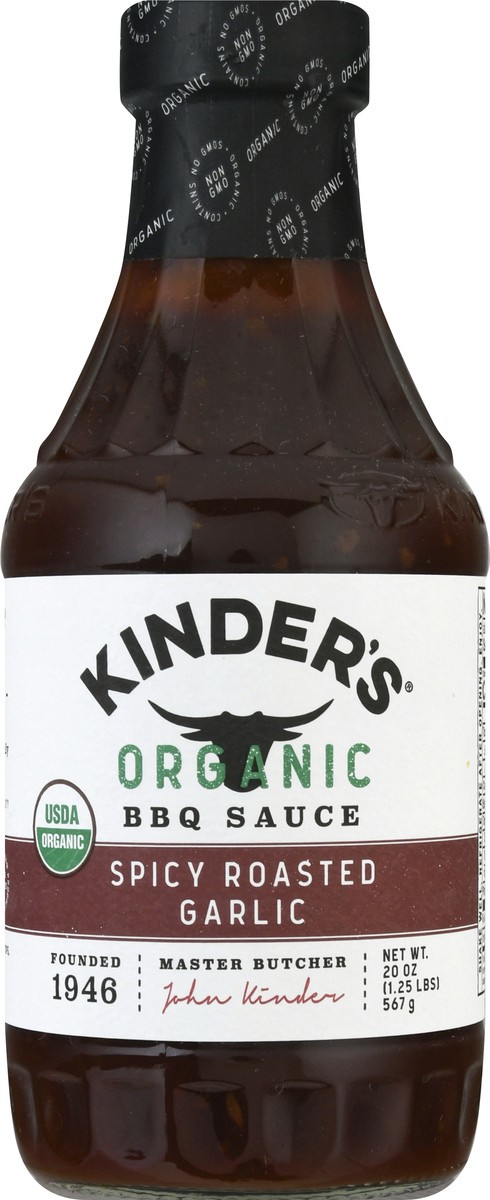 slide 2 of 13, Kinder's Organic Spicy Roasted Garlic BBQ Sauce 20 oz, 19.5 oz