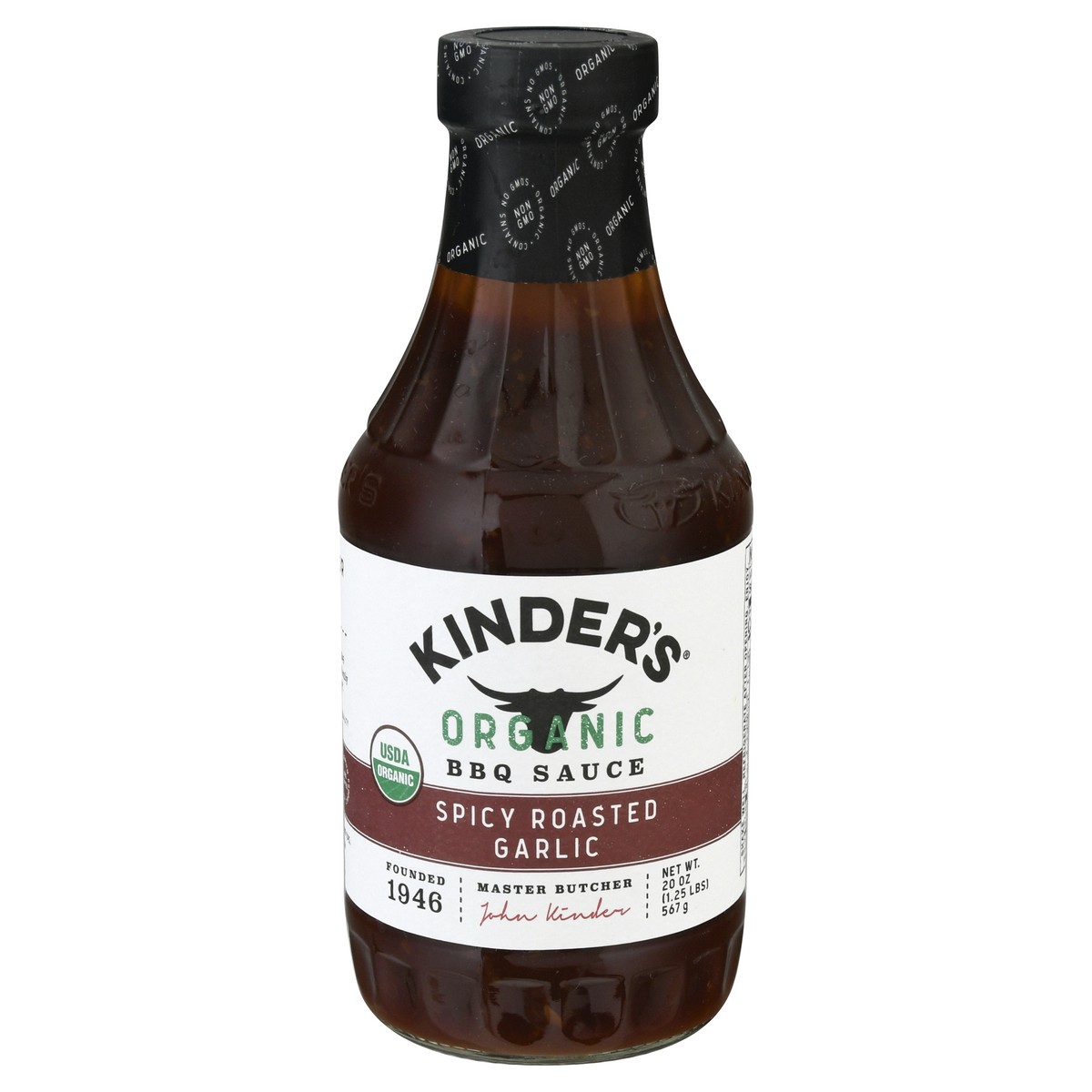 slide 1 of 13, Kinder's Organic Spicy Roasted Garlic BBQ Sauce 20 oz, 19.5 oz