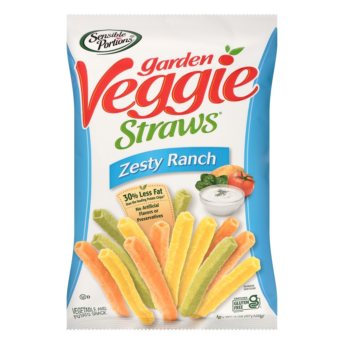 slide 1 of 1, Sensible Portions Garden Veggie Straws Zesty Ranch Vegetable & Potato Snack 4.25 oz. Bag, 5 oz