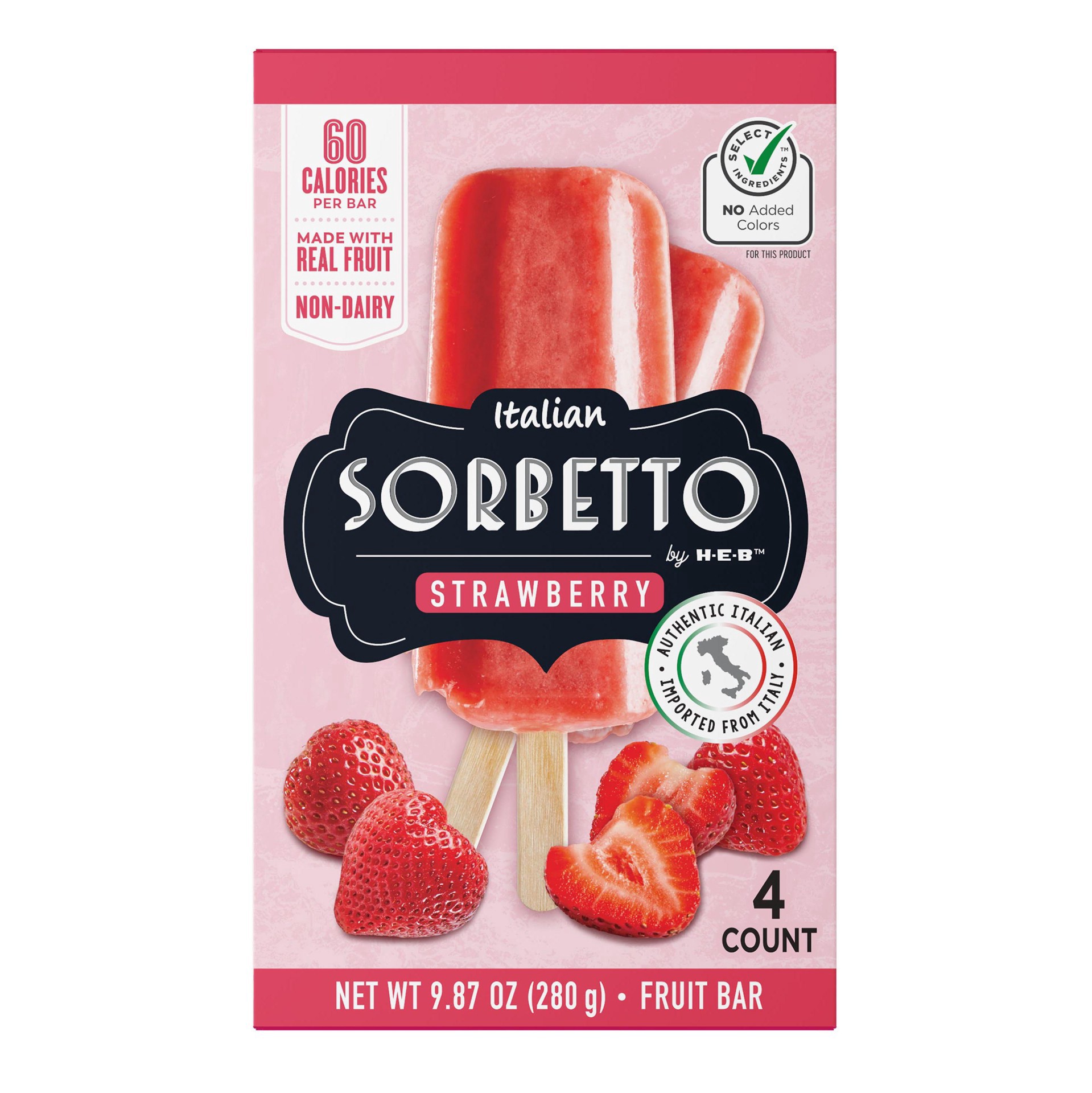 slide 1 of 1, Italian Sorbetto by H-E-B Non-Dairy Frozen Fruit Bars – Strawberry, 4 ct