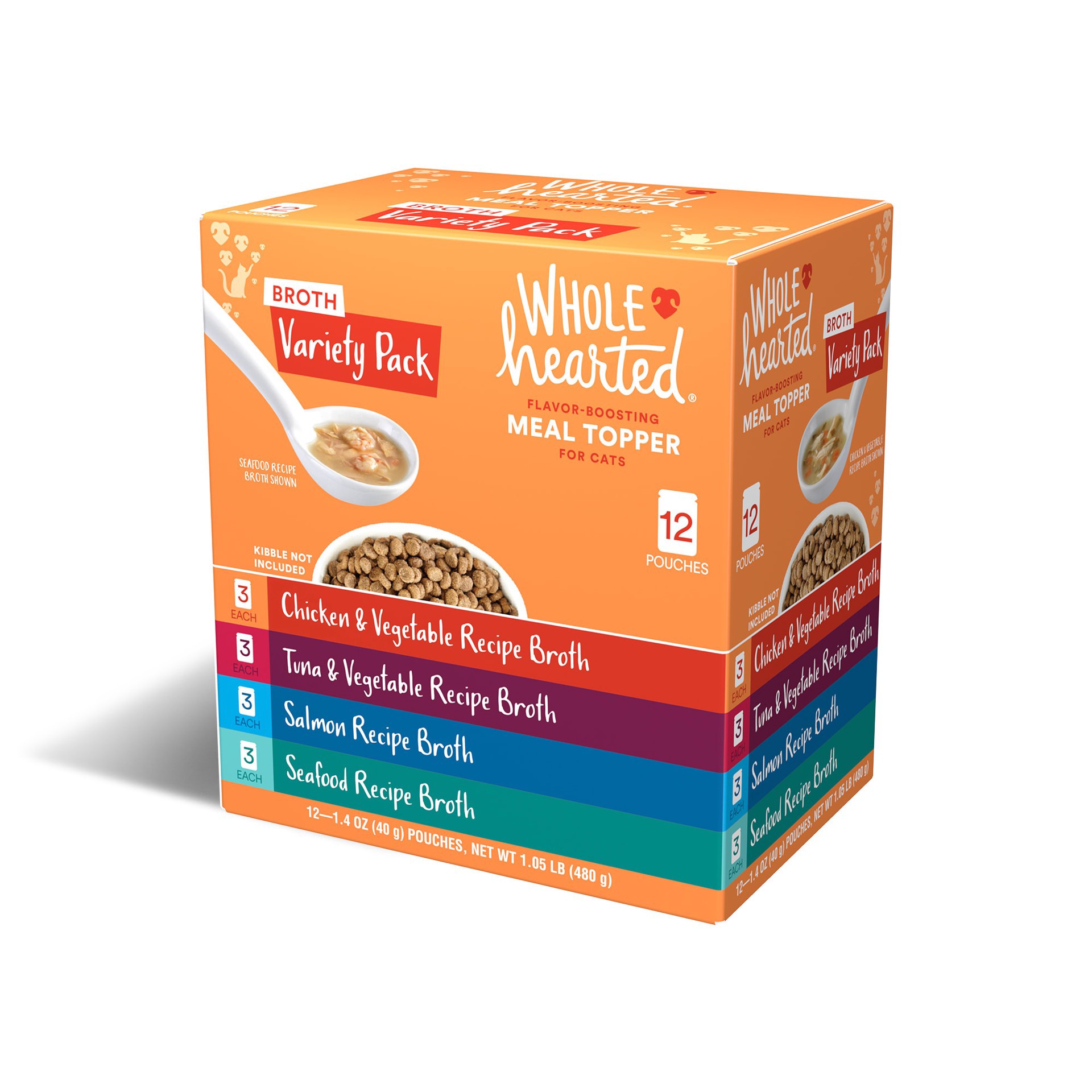 slide 1 of 1, Whole Hearted Broth Variety Pack Assorted Meal Topper for Cats 12 - 1.4 oz Pouches, 12 ct