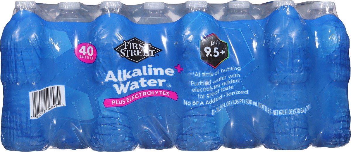 slide 5 of 12, First Street Alkaline Water + Electrolytes, 40 x 16.9 oz