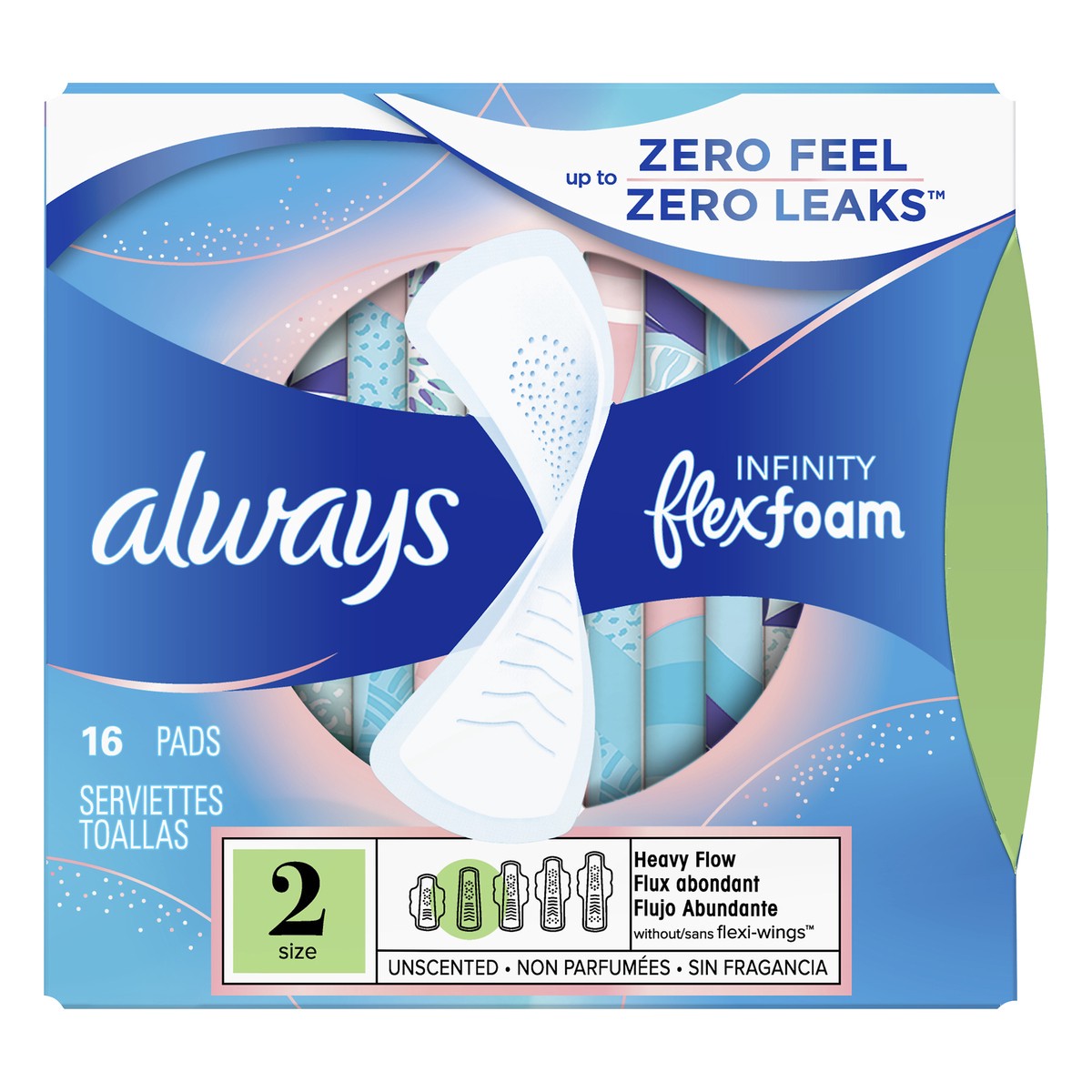 slide 1 of 2, Always Infinity Flexfoam Size 2 Heavy Flow without Flexi-Wings Unscented Pads 16 ea, 16 ct