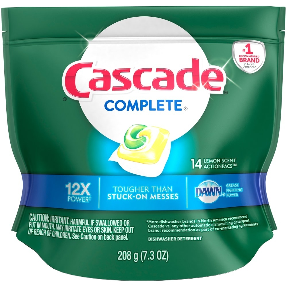 slide 1 of 4, Cascade Complete Dawn Lemon Scent Action Pacs Dishwasher Detergent, 14 ct