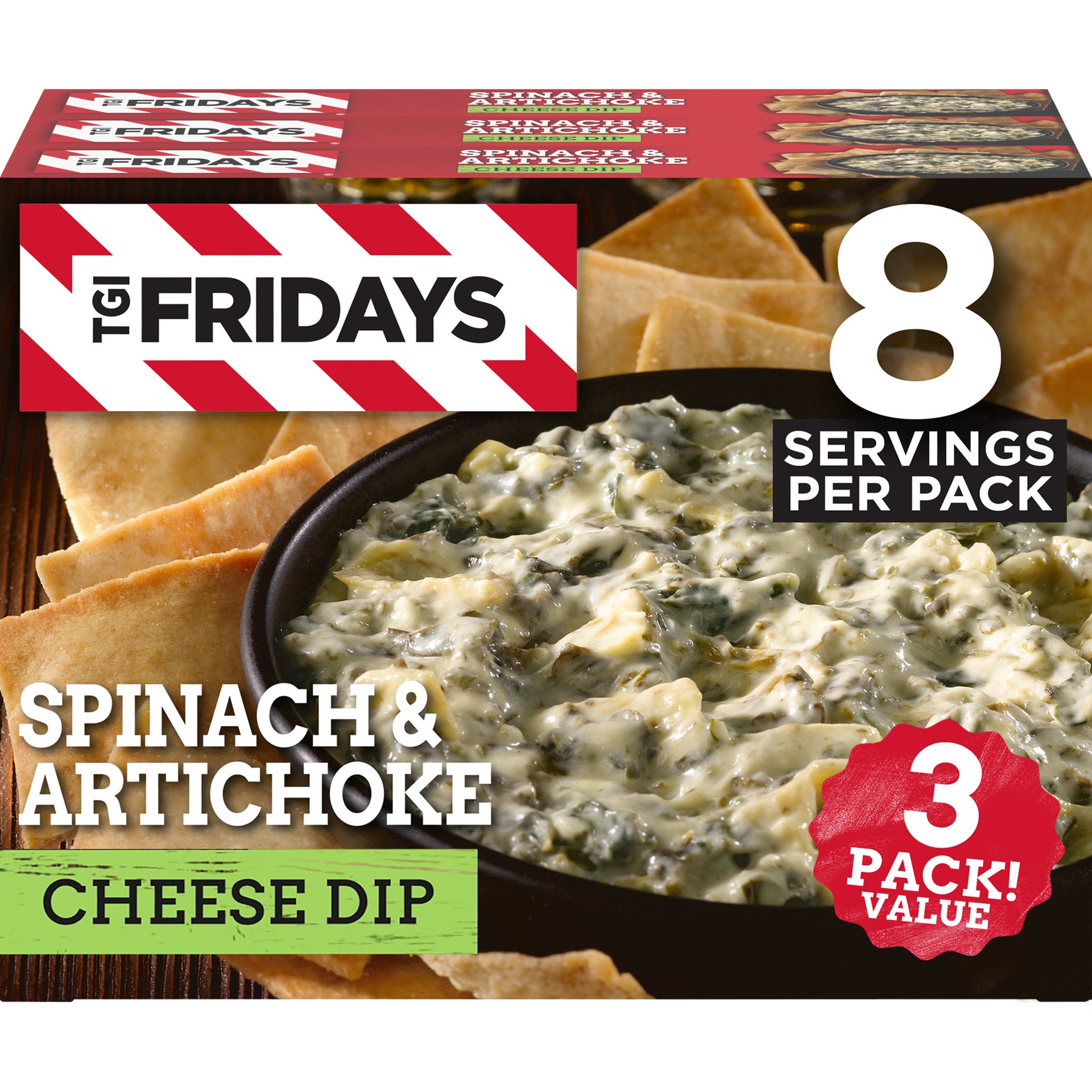 slide 1 of 14, TGI Fridays Spinach & Artichoke Cheese Dip Value Pack Frozen Snack, 3 ct Box, 8 oz Cartons, 3 ct