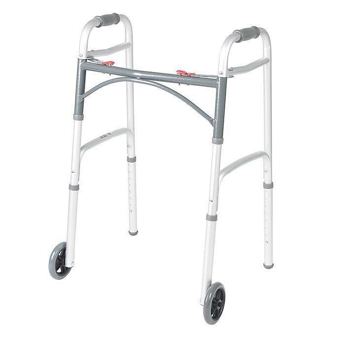 slide 1 of 1, Drive Medical Deluxe Two Button Folding Walker With 5" Wheels, 5 in