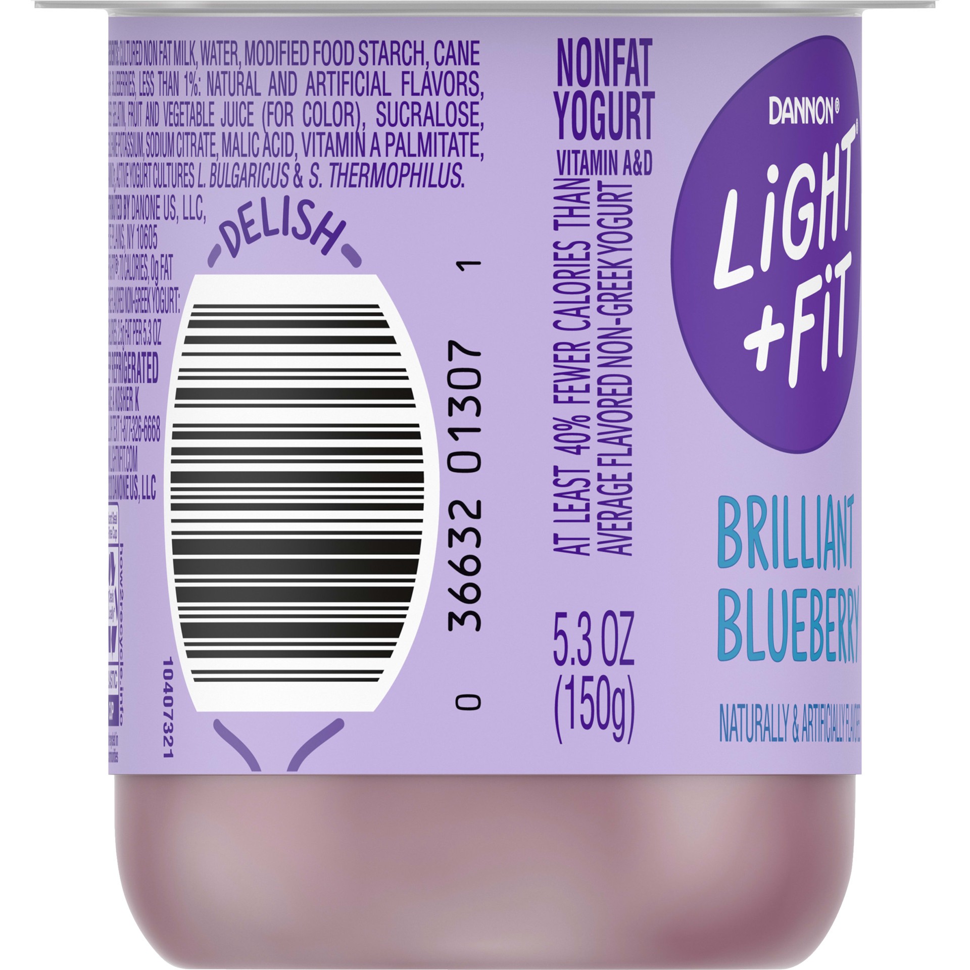 slide 4 of 5, Light + Fit Dannon Light + Fit Blueberry Original Nonfat Yogurt, 0 Fat and 70 Calories, Creamy and Delicious Blueberry Yogurt, 5.3 OZ Cup, 5.3 oz