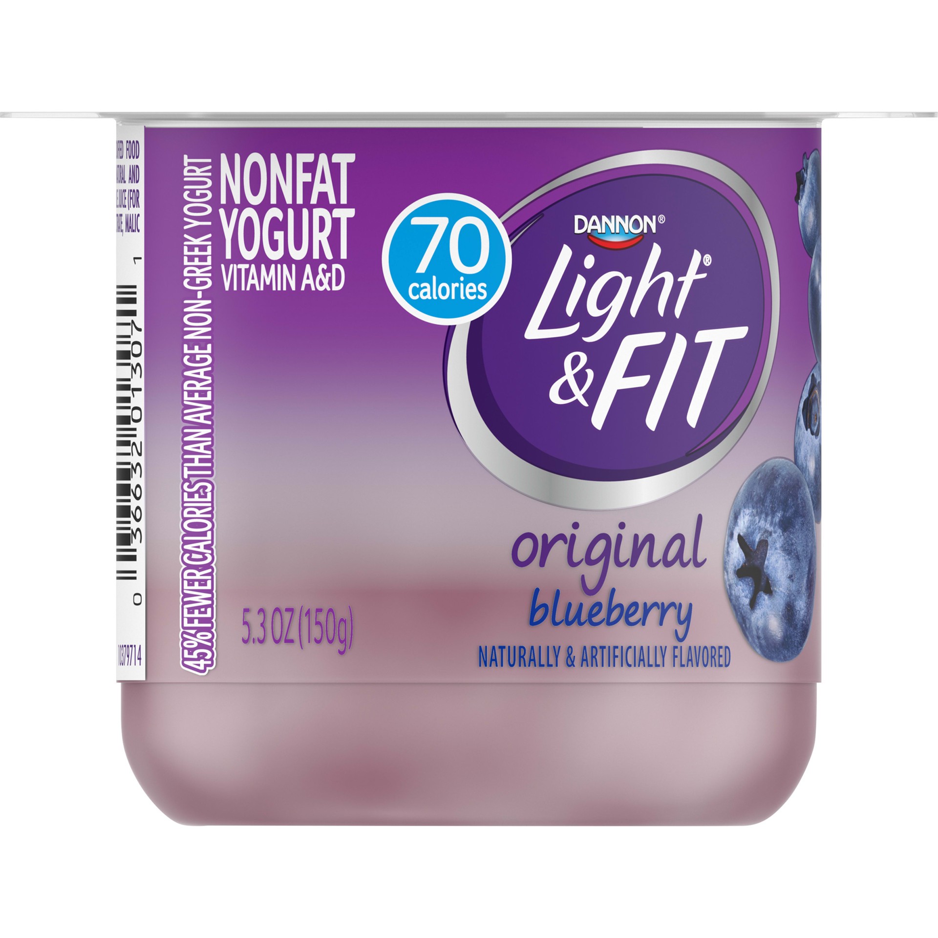 slide 5 of 5, Light + Fit Dannon Light + Fit Blueberry Original Nonfat Yogurt, 0 Fat and 70 Calories, Creamy and Delicious Blueberry Yogurt, 5.3 OZ Cup, 5.3 oz