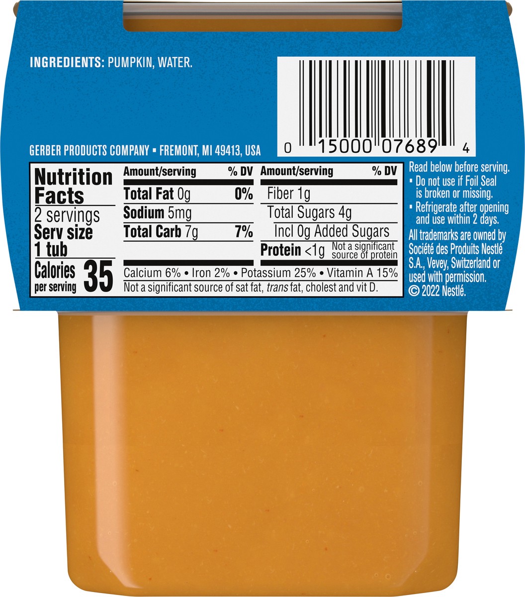 slide 6 of 9, Gerber Stage 2 Baby Food, Pumpkin Puree, 4 oz Tubs (2 Pack), 2 ct