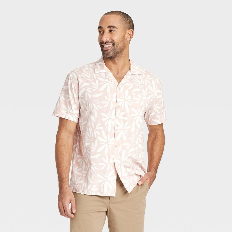 slide 1 of 3, Men's Vacay Short Sleeve Challis Camp Shirt - Goodfellow & Co™ Pink M: Botanical Floral, Midweight, Button Down, 1 ct