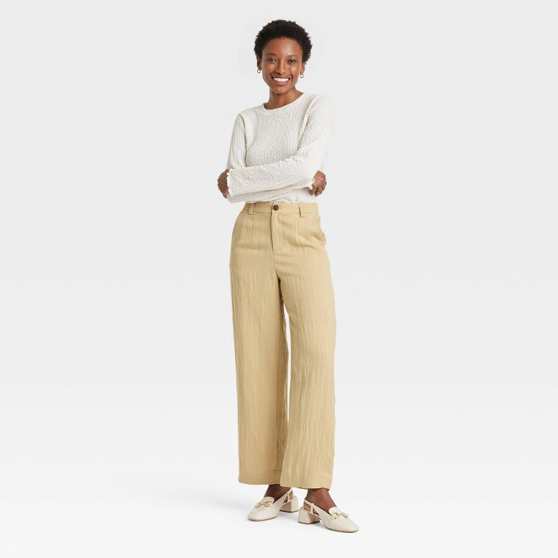 slide 3 of 3, Women's High-Rise Straight Trousers - A New Day™ Beige 4: Midweight Twill, Back Elastic, 1 ct