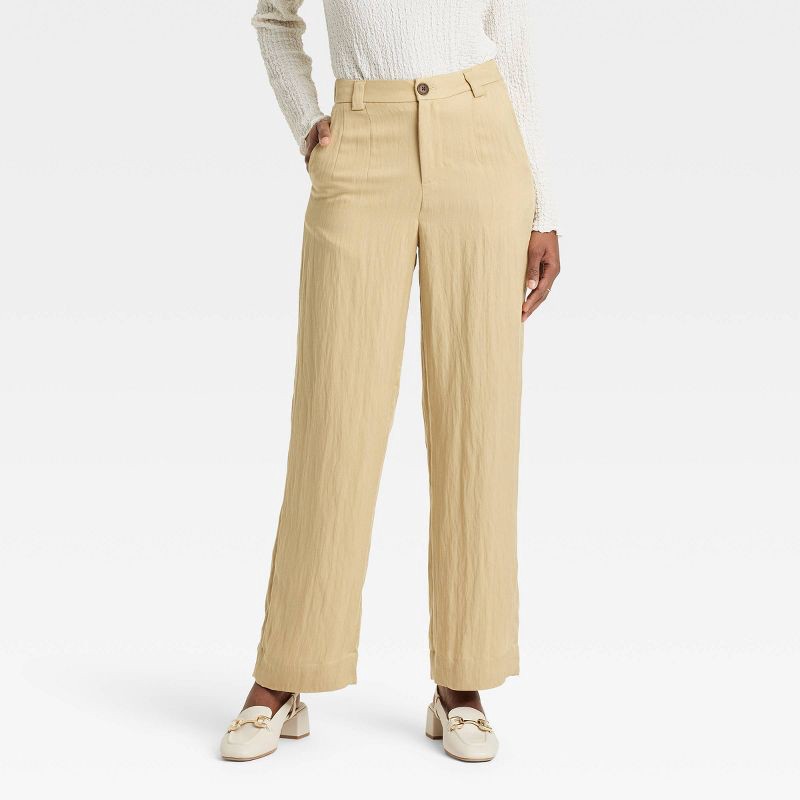 slide 1 of 3, Women's High-Rise Straight Trousers - A New Day™ Beige 4: Midweight Twill, Back Elastic, 1 ct