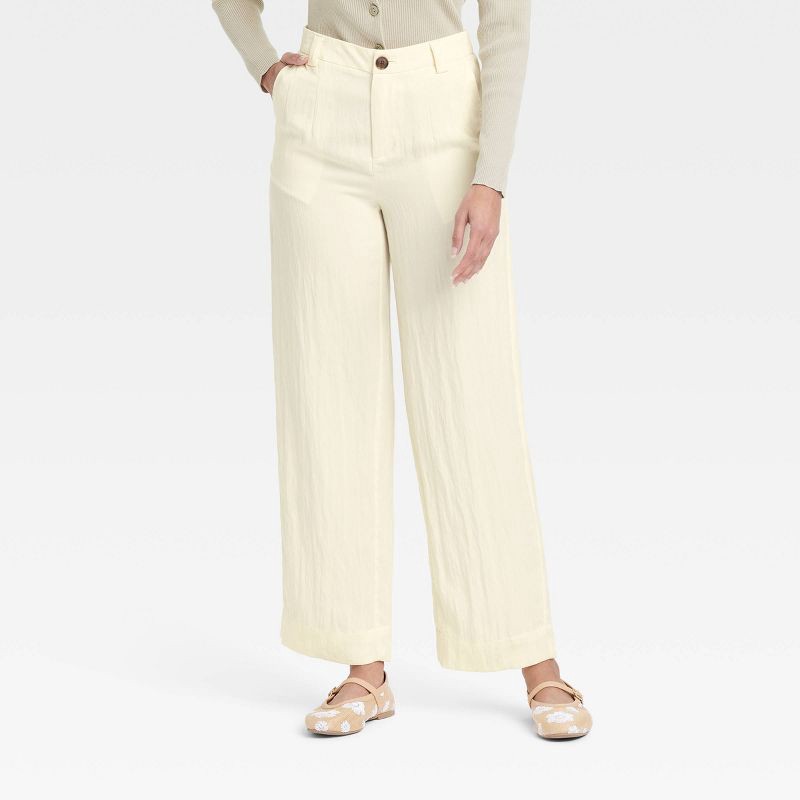 slide 1 of 3, Women's High-Rise Straight Trousers - A New Day™ White 2: Midweight Twill, Back Elastic, 1 ct