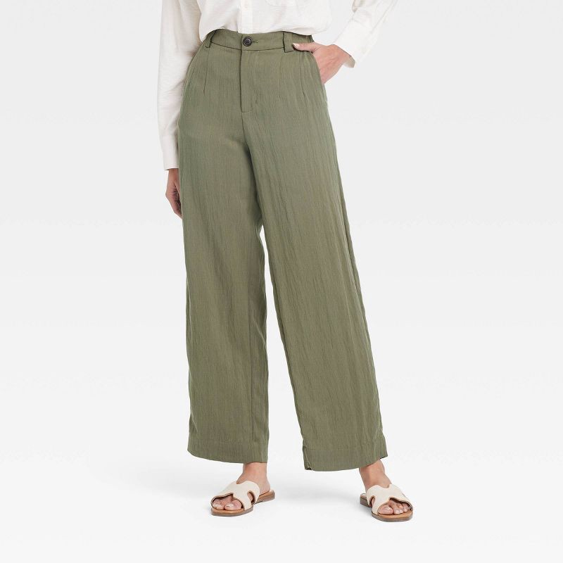 slide 1 of 3, Women's High-Rise Straight Trousers - A New Day™ Olive Green 2: Midweight Twill, Back Elastic, Fly Button, 1 ct