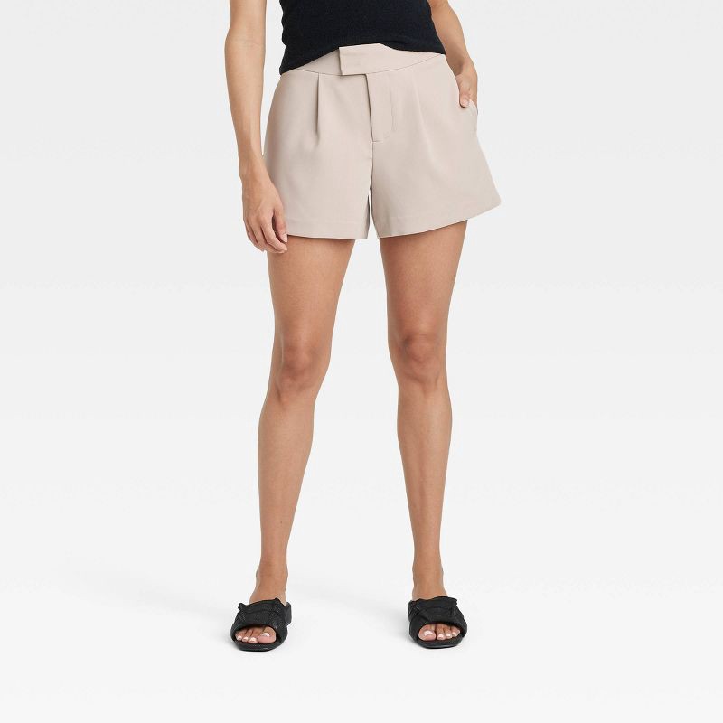slide 1 of 3, Women's High-Rise Tailored Shorts - A New Day™ Beige 14: Recycled Polyester Blend, Casual Fit, Inside Pocket, 4" Inseam, 1 ct
