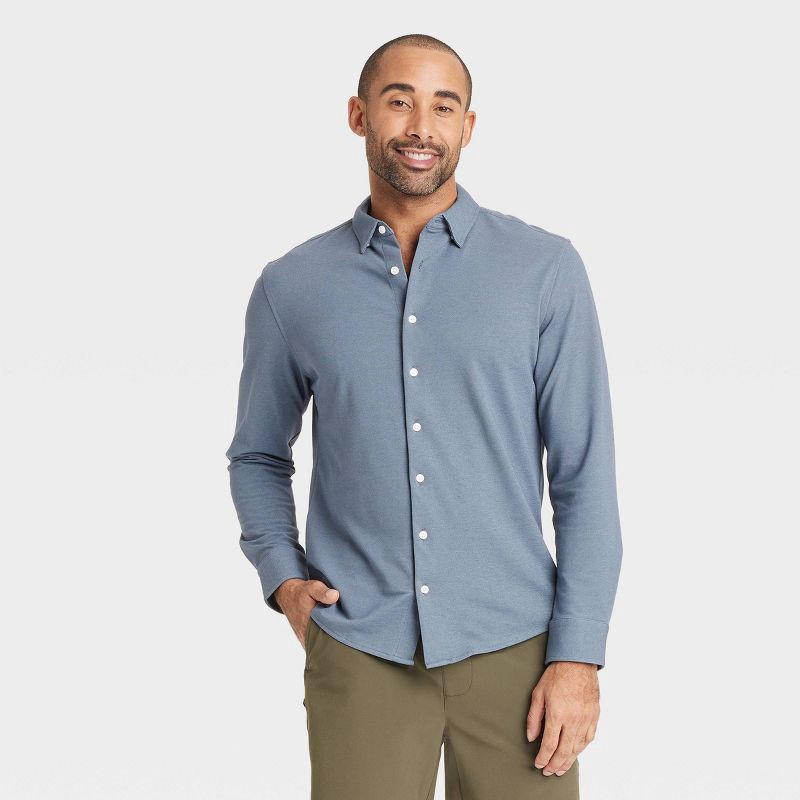 slide 1 of 3, Men's Long Sleeve Casual Dress Shirt - Goodfellow & Co™ Dark Blue XXL: Button Down, French Cuff, Knit Fabric, 1 ct