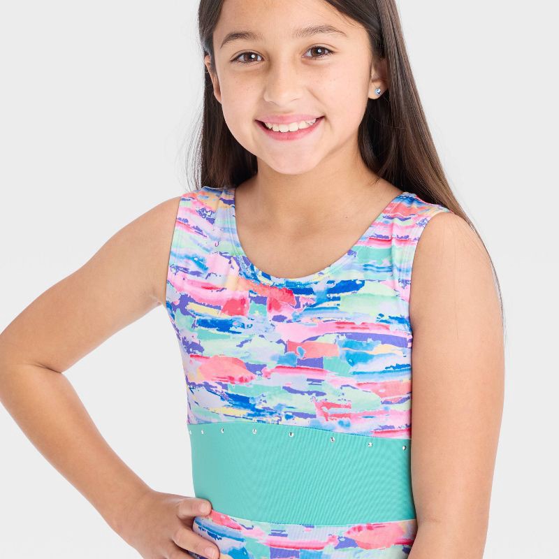 slide 3 of 3, Girls' Dance Brushstrokes Biketard - Cat & Jack™ XL: Abstract Pattern, Recycled Polyester, Scoopneck, 1 ct