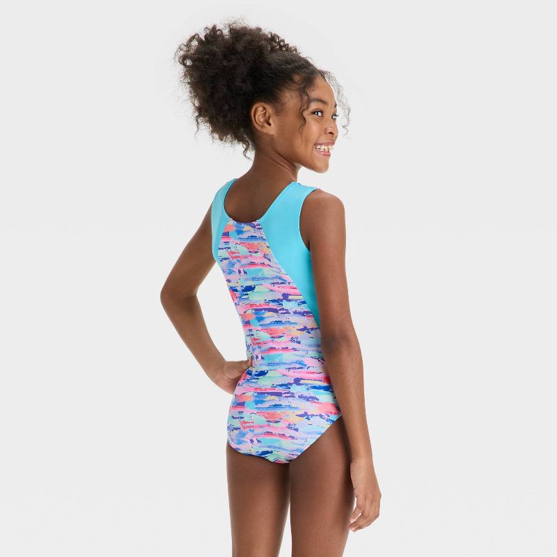 slide 2 of 3, Girls' Dance Brushstrokes Leotard - Cat & Jack™ S: Abstract Pattern, Recycled Polyester, Spandex, Scoopneck, Sleeveless, 1 ct