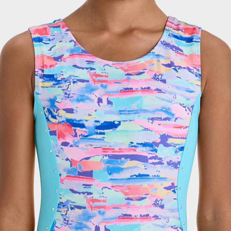 slide 3 of 3, Girls' Dance Brushstrokes Leotard - Cat & Jack™ S: Abstract Pattern, Recycled Polyester, Spandex, Scoopneck, Sleeveless, 1 ct