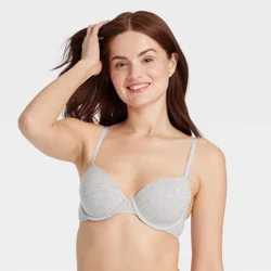 Women's Cotton Lightly Lined Demi T-Shirt Bra - Auden™ Light Heathered Gray 34D: Adjustable Straps, Underwire, Molded Cup