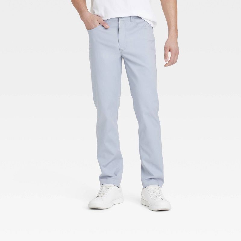 slide 1 of 3, Men's Comfort Wear Slim Fit 5-Pocket Pants - Goodfellow & Co™ - Light Gray 38x32: Midweight Cotton Blend, Stretch, Mid Rise, 1 ct