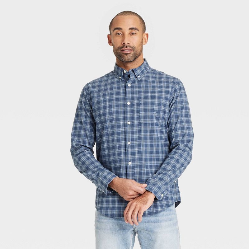 slide 1 of 3, Men's Long Sleeve Poplin Shirt - Goodfellow & Co™ Dark Blue XL: Cotton-Spandex Blend, Plaid Pattern, 1 ct