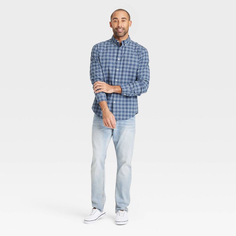 slide 3 of 3, Men's Long Sleeve Poplin Shirt - Goodfellow & Co™ Dark Blue XL: Cotton-Spandex Blend, Plaid Pattern, 1 ct