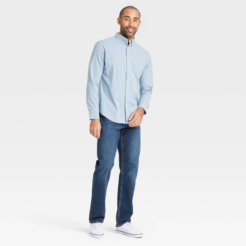 slide 3 of 3, Men's Long Sleeve Poplin Shirt - Goodfellow & Co™ Blue M: Cotton Blend, Standard Fit, Front Pocket, Button Down Collar, 1 ct