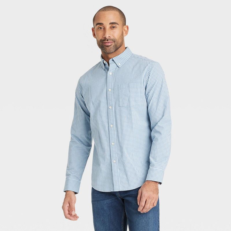 slide 1 of 3, Men's Long Sleeve Poplin Shirt - Goodfellow & Co™ Blue M: Cotton Blend, Standard Fit, Front Pocket, Button Down Collar, 1 ct