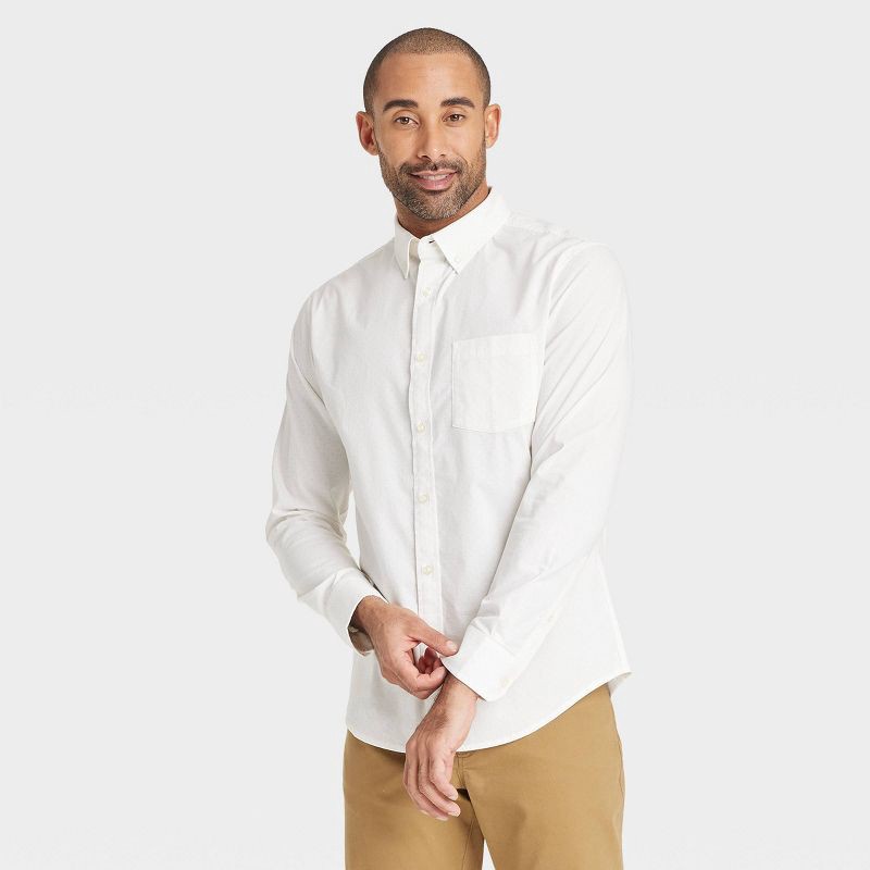 slide 1 of 3, Men's Long Sleeve Poplin Shirt - Goodfellow & Co™ Light Off-White S: Cotton-Spandex Blend, Polka Dot Pattern, 1 ct