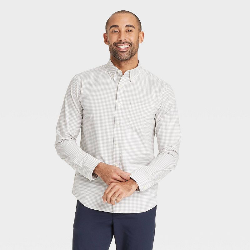 slide 1 of 3, Men's Long Sleeve Poplin Shirt - Goodfellow & Co™ Light Gray L: Button Down Collar, 1 ct