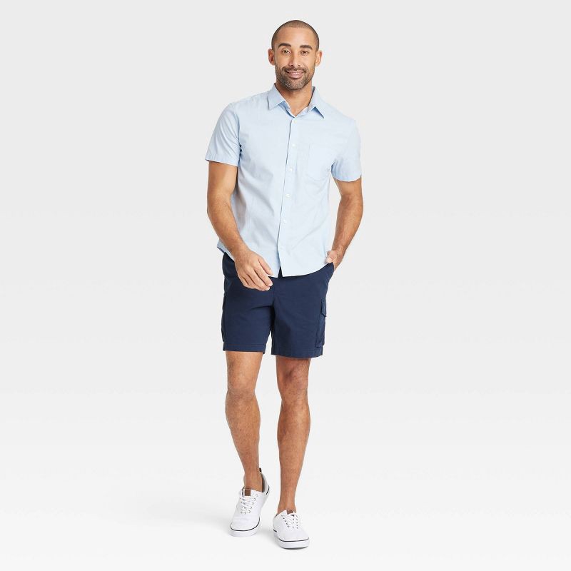 slide 3 of 3, Men's Short Sleeve Poplin Shirt - Goodfellow & Co™ Blue M: Cotton-Spandex Blend, Midweight, Button Down Collar, 1 ct
