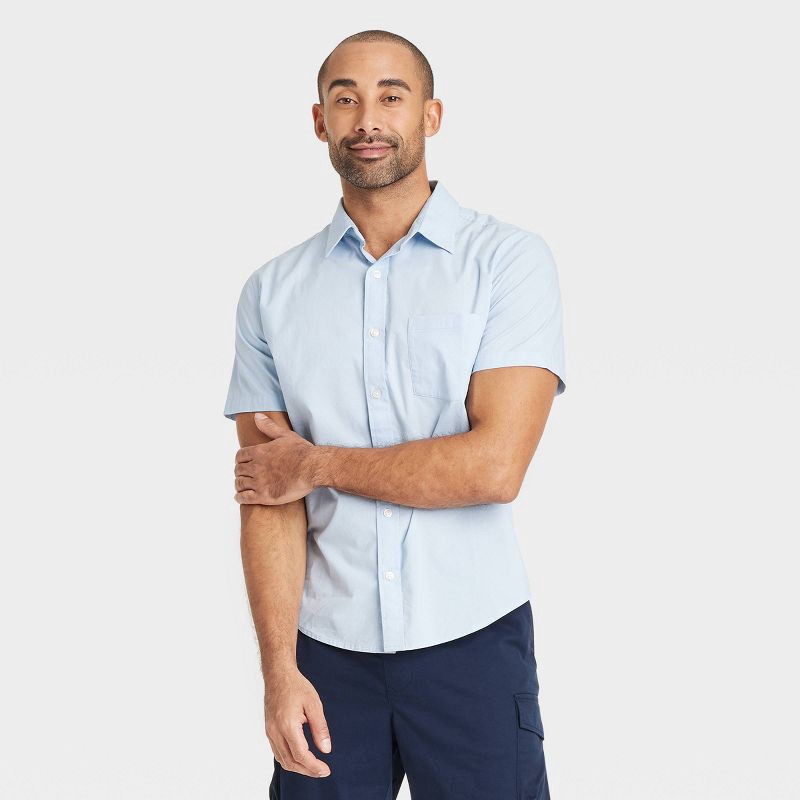 slide 1 of 3, Men's Short Sleeve Poplin Shirt - Goodfellow & Co™ Blue M: Cotton-Spandex Blend, Midweight, Button Down Collar, 1 ct