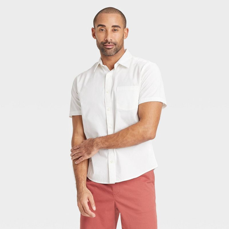 slide 1 of 3, Men's Short Sleeve Poplin Shirt - Goodfellow & Co™ Heathered White XXL: Cotton-Spandex Blend, Front Pocket, 1 ct